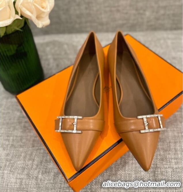 Grade Quality Hermes Leather H Buckle Flat Ballet Brown 032893