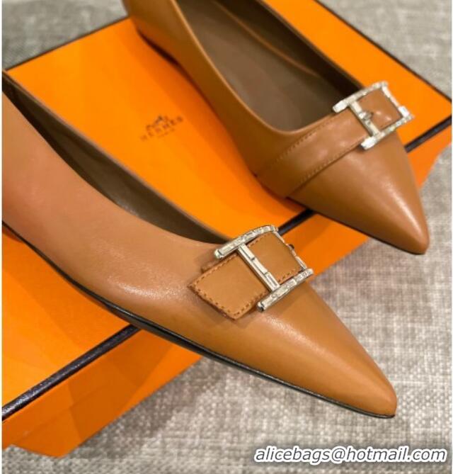 Grade Quality Hermes Leather H Buckle Flat Ballet Brown 032893