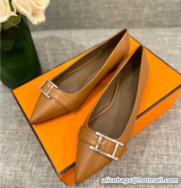 Grade Quality Hermes Leather H Buckle Flat Ballet Brown 032893