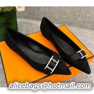 Pretty Style Hermes Suede H Buckle Flat Ballet Black 032894