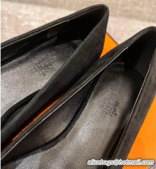 Pretty Style Hermes Suede H Buckle Flat Ballet Black 032894