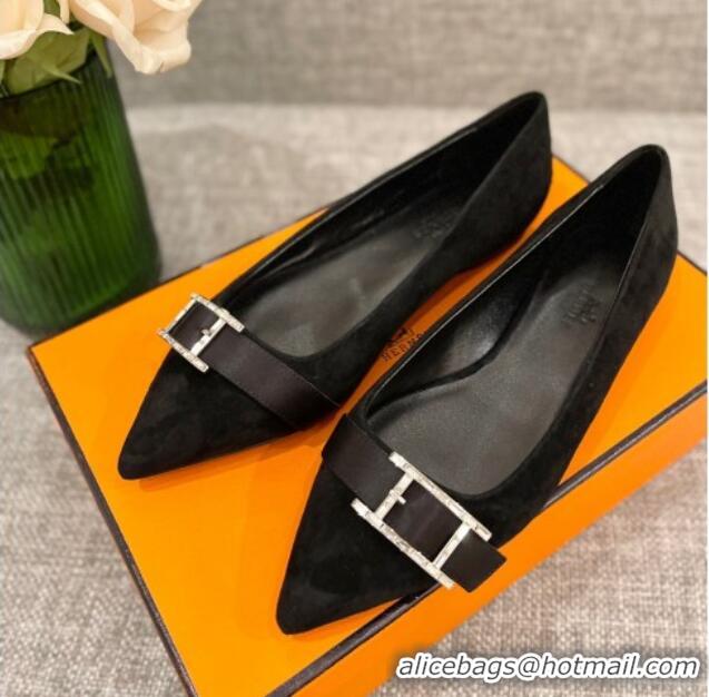 Pretty Style Hermes Suede H Buckle Flat Ballet Black 032894