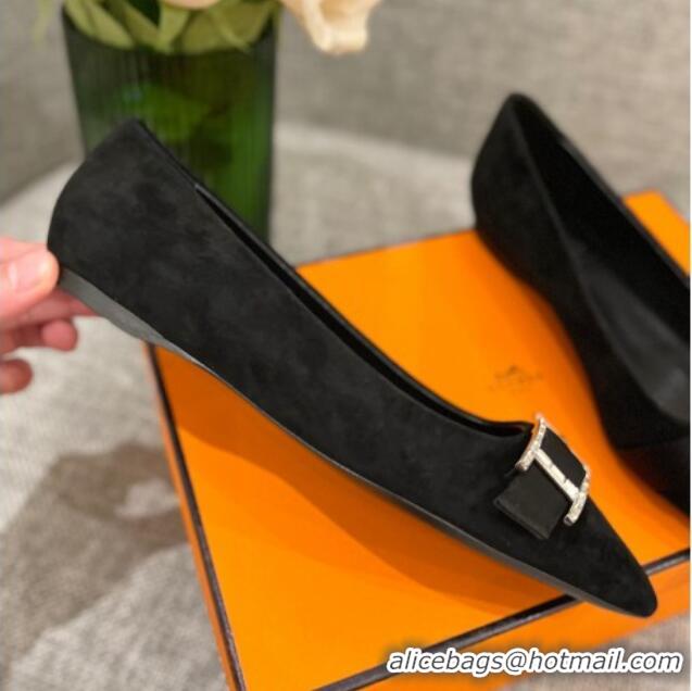 Pretty Style Hermes Suede H Buckle Flat Ballet Black 032894