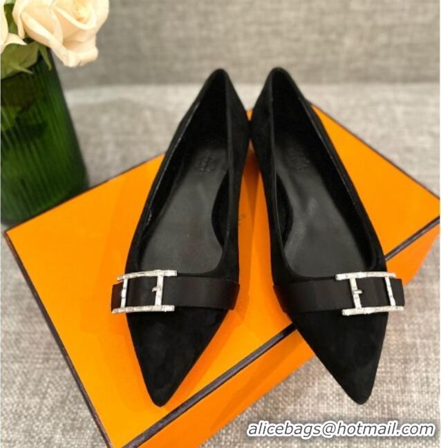 Pretty Style Hermes Suede H Buckle Flat Ballet Black 032894