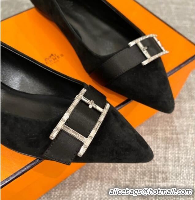 Pretty Style Hermes Suede H Buckle Flat Ballet Black 032894