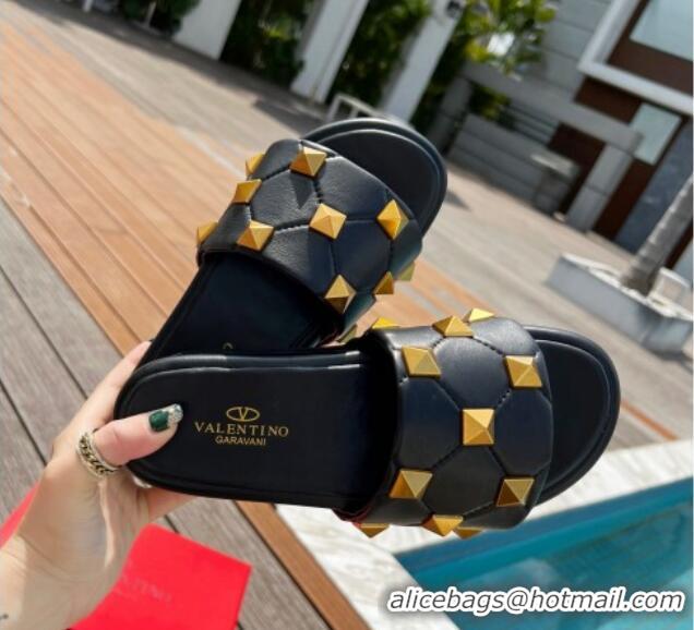 Stylish Valentino Rockstud Lambskin Platform Slide Sandals Black 0323121