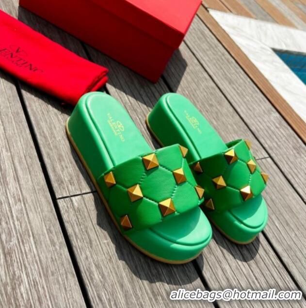 Low Price Valentino Rockstud Lambskin Platform Slide Sandals Green 0323127