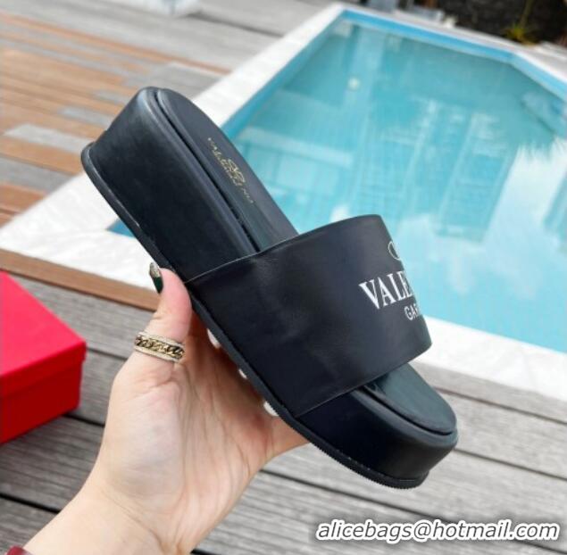 Top Grade Valentino Signature Lambskin Platform Slide Sandals Black 0323128