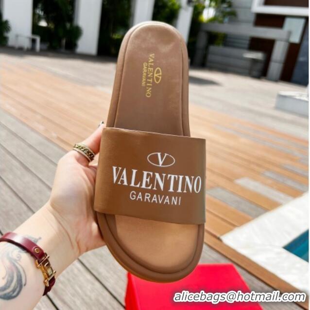 Shop Duplicate Valentino Signature Lambskin Platform Slide Sandals Brown 0323131