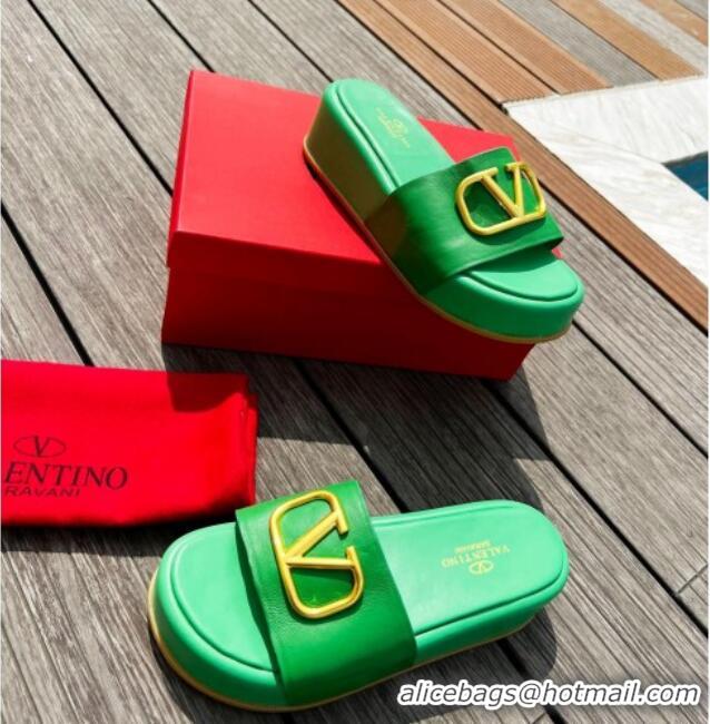 Fashion Valentino VLogo Lambskin Platform Slide Sandals Green 0323135