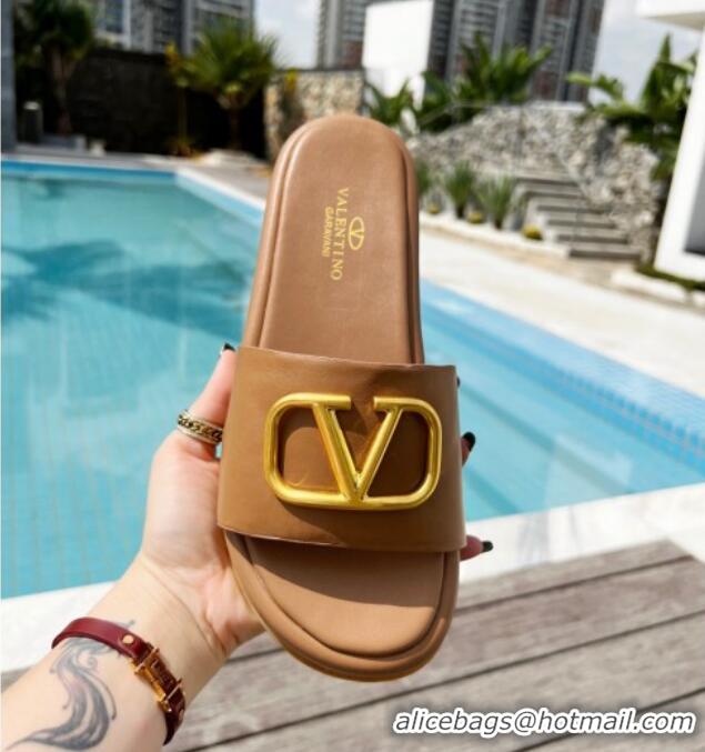 Best Grade Valentino VLogo Lambskin Platform Slide Sandals Brown 0323136