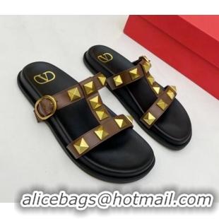 Hot Style Valentino Roman Stud Calf Leather Flat Slide Sandals Brown 0323141