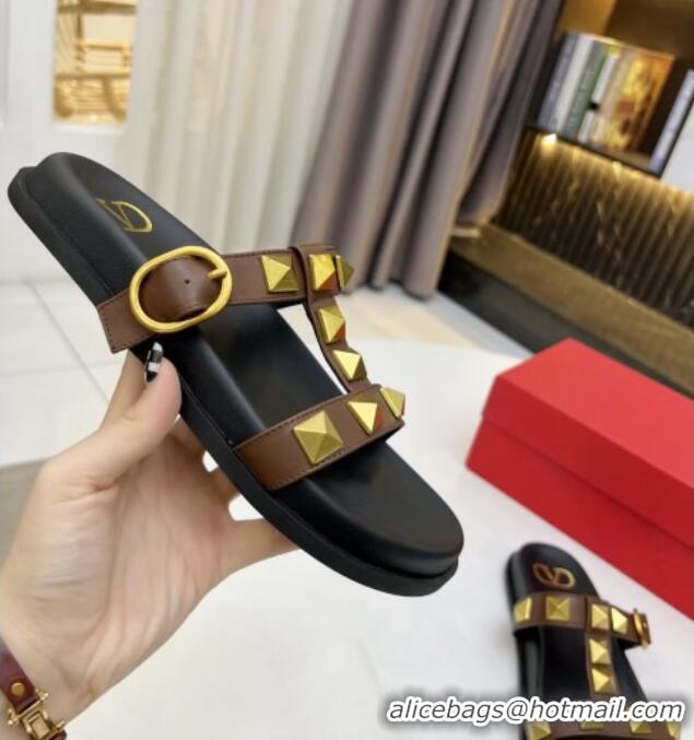 Hot Style Valentino Roman Stud Calf Leather Flat Slide Sandals Brown 0323141