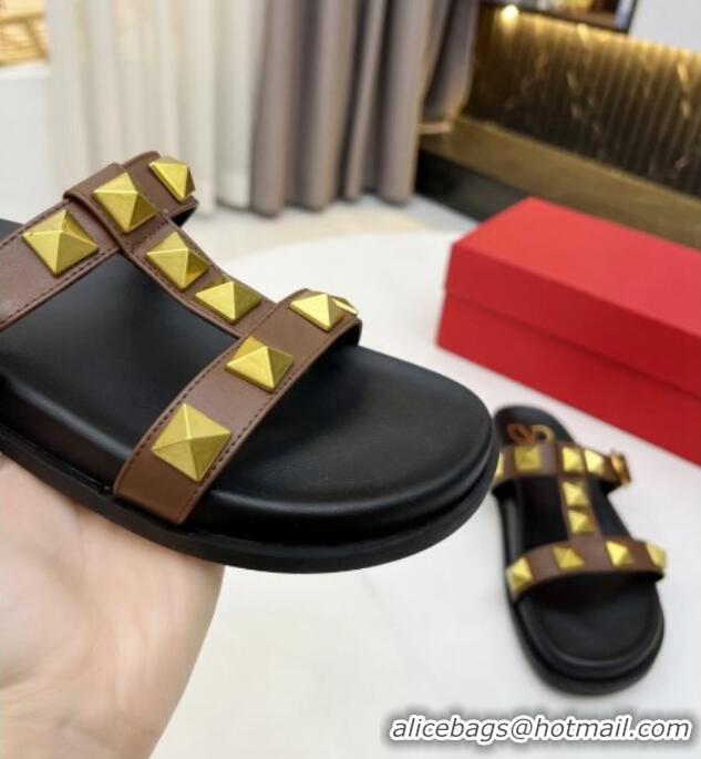 Hot Style Valentino Roman Stud Calf Leather Flat Slide Sandals Brown 0323141