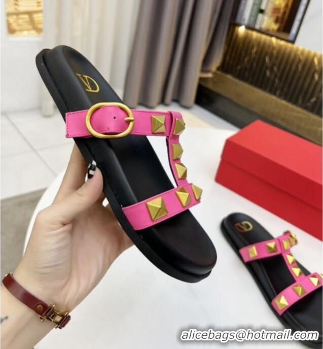 Stylish Valentino Roman Stud Calf Leather Flat Slide Sandals Pink 0323142