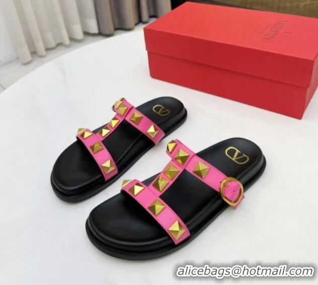 Stylish Valentino Roman Stud Calf Leather Flat Slide Sandals Pink 0323142