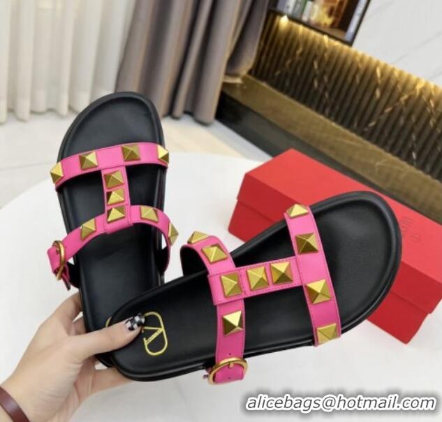 Stylish Valentino Roman Stud Calf Leather Flat Slide Sandals Pink 0323142