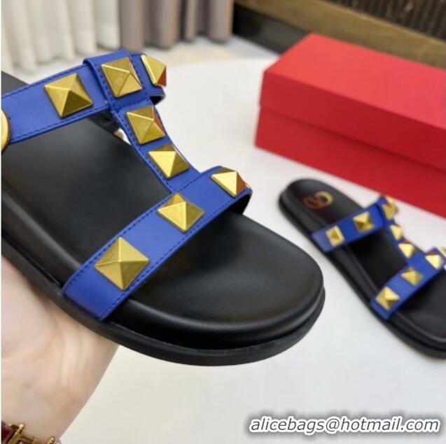 Classic Hot Valentino Roman Stud Calf Leather Flat Slide Sandals Blue 0323143