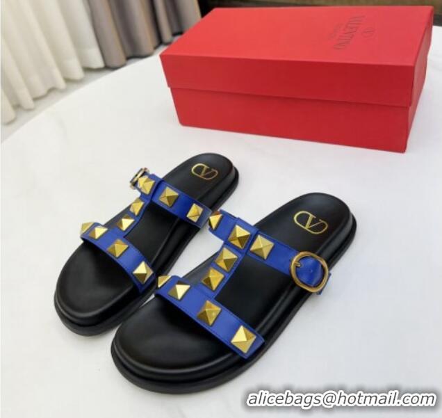 Classic Hot Valentino Roman Stud Calf Leather Flat Slide Sandals Blue 0323143