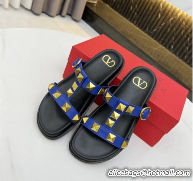 Classic Hot Valentino Roman Stud Calf Leather Flat Slide Sandals Blue 0323143