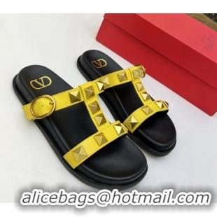 Low Cost Valentino Roman Stud Calf Leather Flat Slide Sandals Yellow 0323144