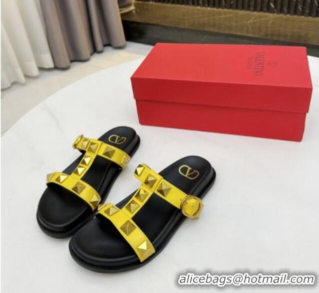 Low Cost Valentino Roman Stud Calf Leather Flat Slide Sandals Yellow 0323144