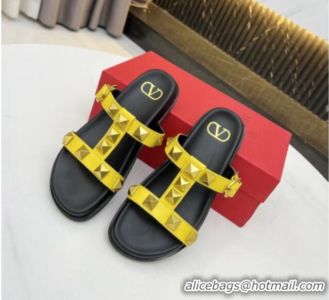 Low Cost Valentino Roman Stud Calf Leather Flat Slide Sandals Yellow 0323144