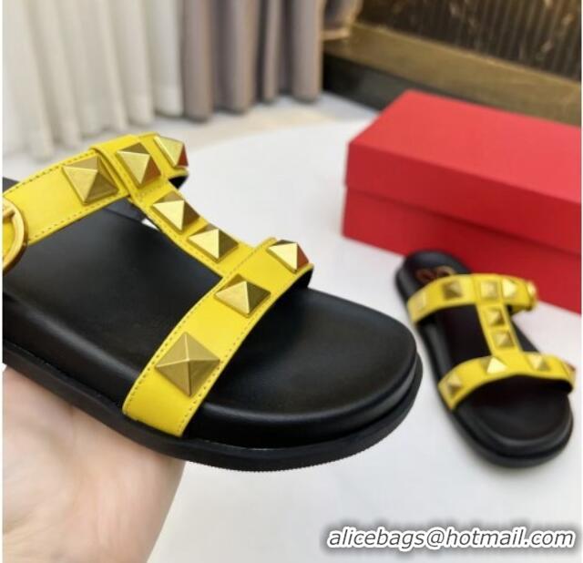 Low Cost Valentino Roman Stud Calf Leather Flat Slide Sandals Yellow 0323144