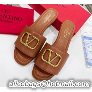 Good Looking Valentino VLogo Calf Leather Flat Slide Sandals Brown 0323147