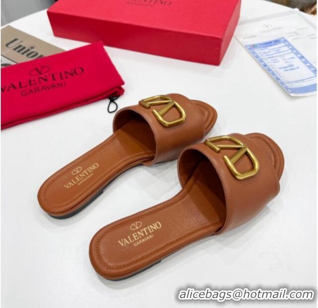 Good Looking Valentino VLogo Calf Leather Flat Slide Sandals Brown 0323147