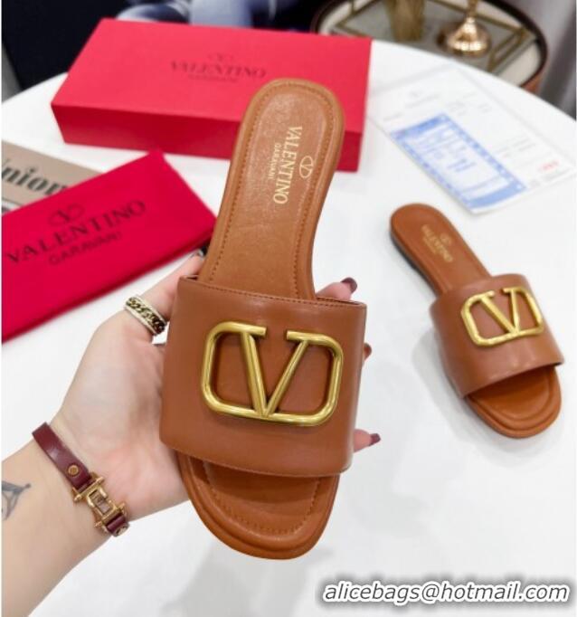 Good Looking Valentino VLogo Calf Leather Flat Slide Sandals Brown 0323147