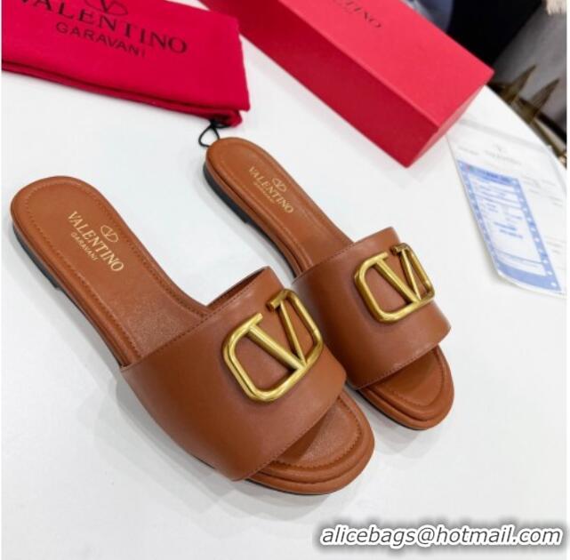 Good Looking Valentino VLogo Calf Leather Flat Slide Sandals Brown 0323147