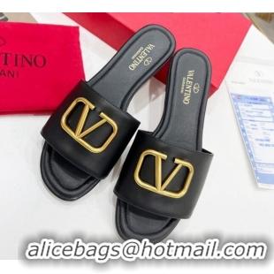 Crafted Valentino VLogo Calf Leather Flat Slide Sandals Black 0323148