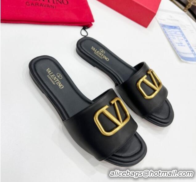 Crafted Valentino VLogo Calf Leather Flat Slide Sandals Black 0323148