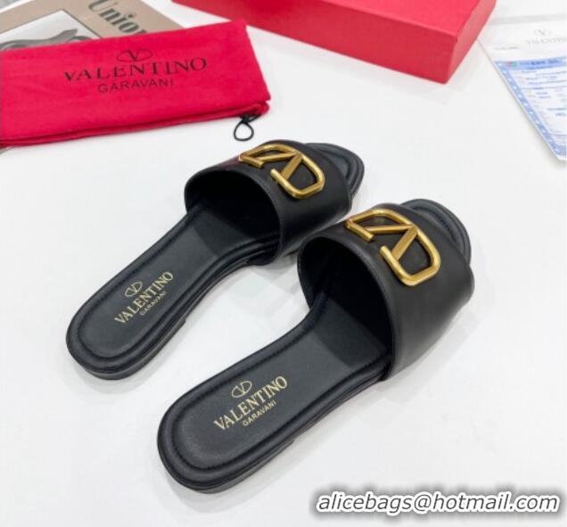 Crafted Valentino VLogo Calf Leather Flat Slide Sandals Black 0323148