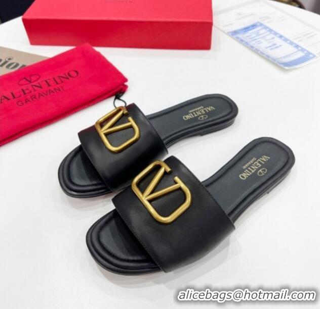 Crafted Valentino VLogo Calf Leather Flat Slide Sandals Black 0323148