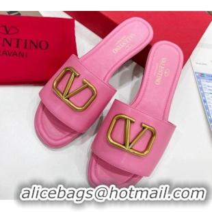 Luxury Valentino VLogo Calf Leather Flat Slide Sandals Pink 0323149