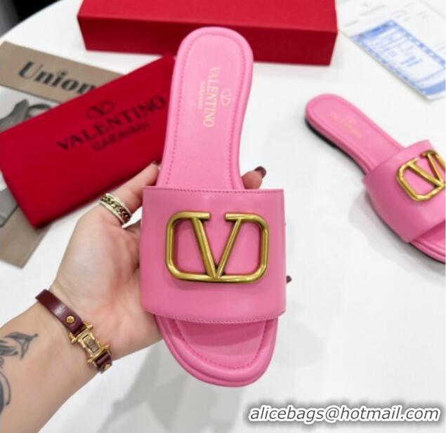 Luxury Valentino VLogo Calf Leather Flat Slide Sandals Pink 0323149