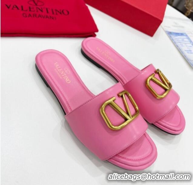 Luxury Valentino VLogo Calf Leather Flat Slide Sandals Pink 0323149