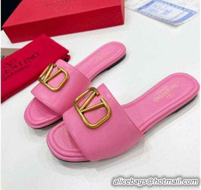 Luxury Valentino VLogo Calf Leather Flat Slide Sandals Pink 0323149