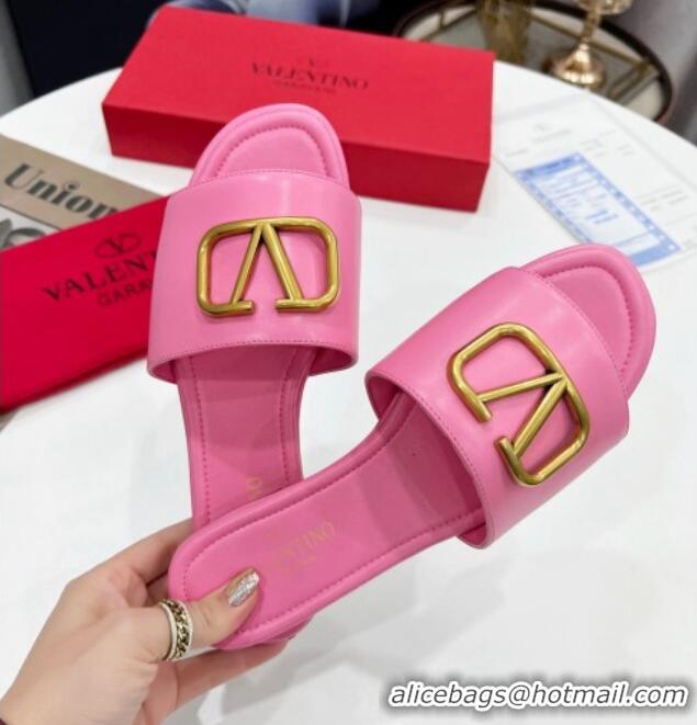 Luxury Valentino VLogo Calf Leather Flat Slide Sandals Pink 0323149