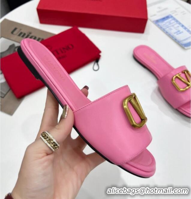 Luxury Valentino VLogo Calf Leather Flat Slide Sandals Pink 0323149