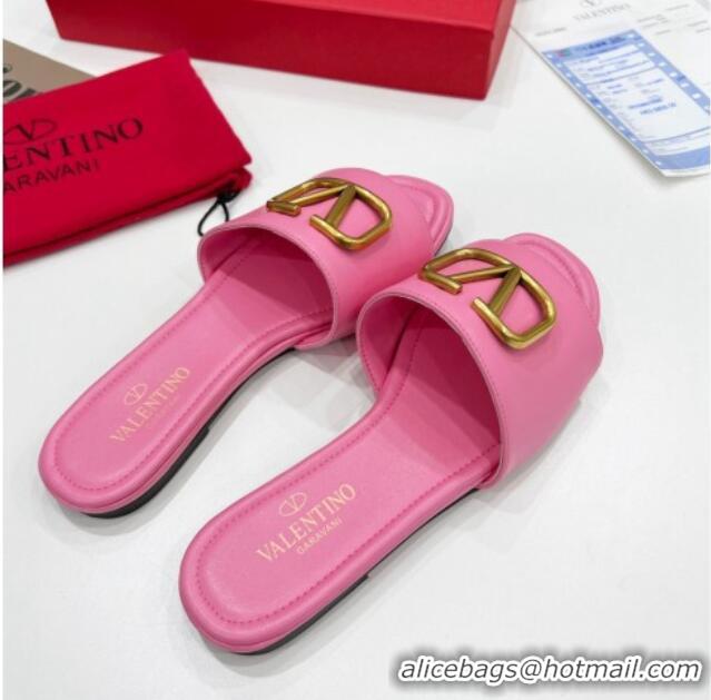 Luxury Valentino VLogo Calf Leather Flat Slide Sandals Pink 0323149