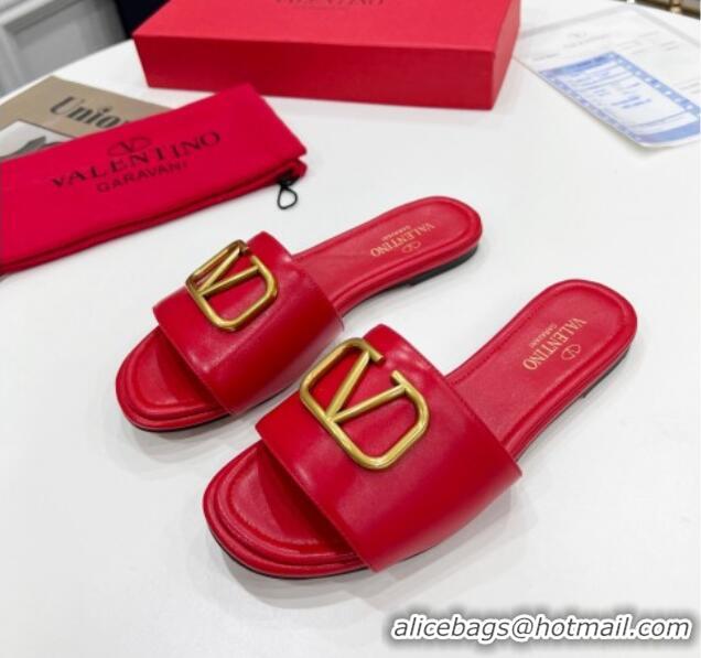 Sophisticated Valentino VLogo Calf Leather Flat Slide Sandals Red 0323150