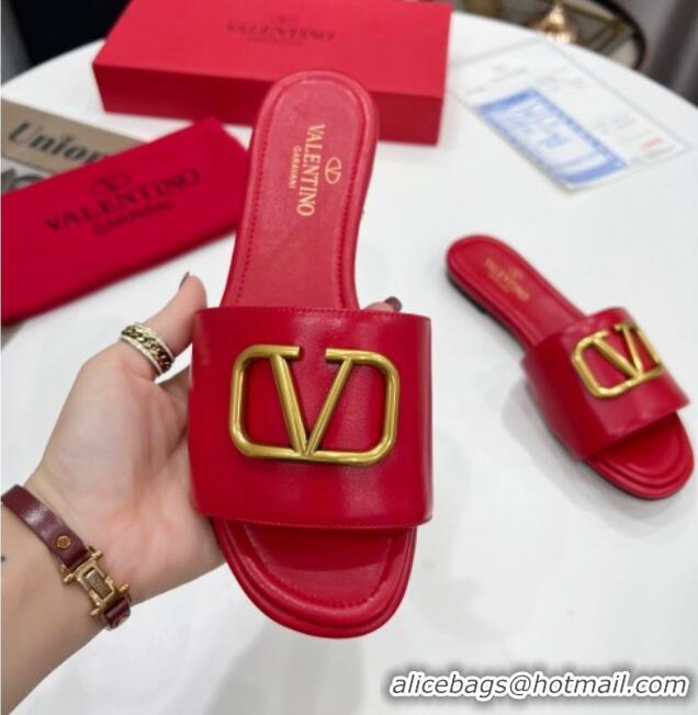 Sophisticated Valentino VLogo Calf Leather Flat Slide Sandals Red 0323150