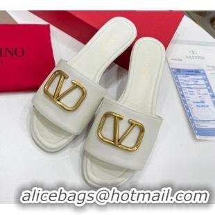 Duplicate Valentino VLogo Calf Leather Flat Slide Sandals White 0323151