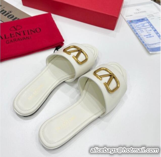 Duplicate Valentino VLogo Calf Leather Flat Slide Sandals White 0323151