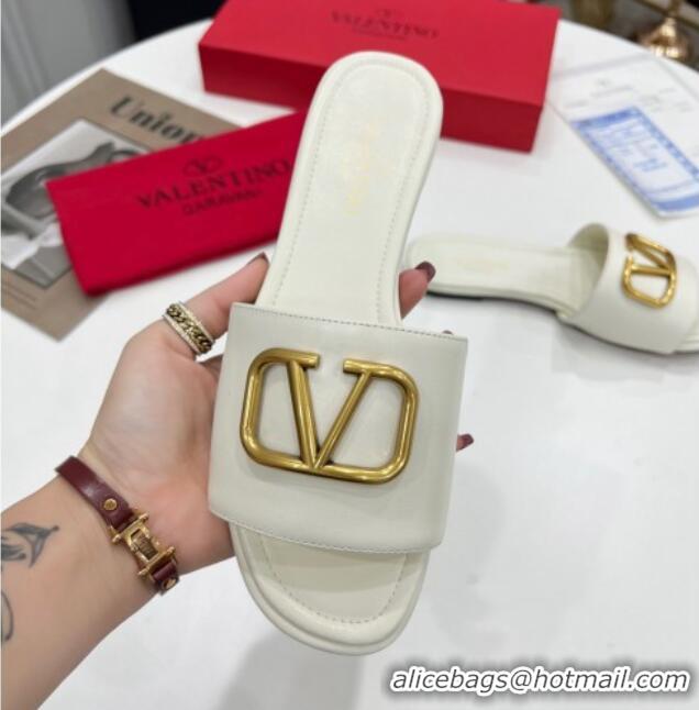 Duplicate Valentino VLogo Calf Leather Flat Slide Sandals White 0323151