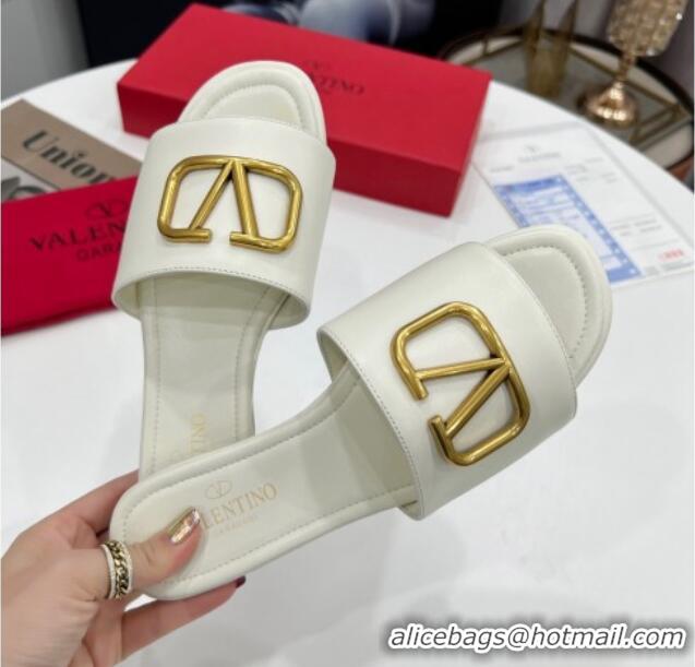 Duplicate Valentino VLogo Calf Leather Flat Slide Sandals White 0323151