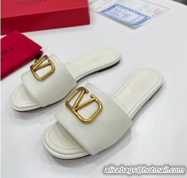 Duplicate Valentino VLogo Calf Leather Flat Slide Sandals White 0323151